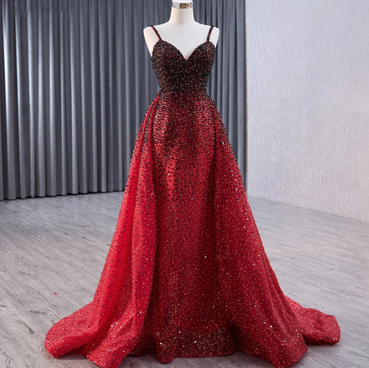 Beautiful Sequin Beaded Sleeveless Spaghetti Strap Ombre Black To Red Sheath Special Occasion Gown With Detachable Train