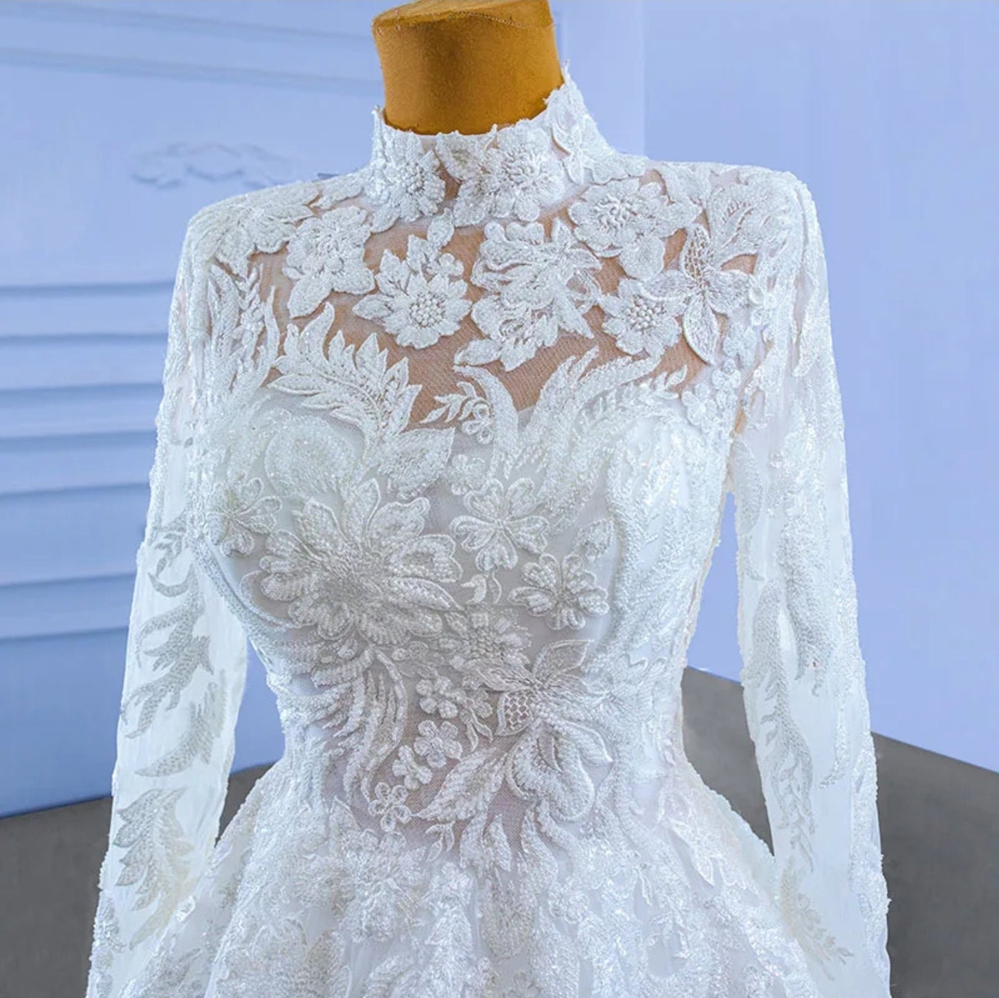 Floral Beaded & Sequinned Lace Sweetheart Long Sleeve Mid Neck Lace Up Enclosure Back A-Line Bridal Gown