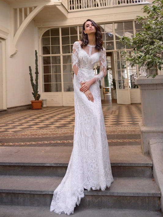 Beaded Tassel Long Sleeve Boho Sheath Bridal Gown