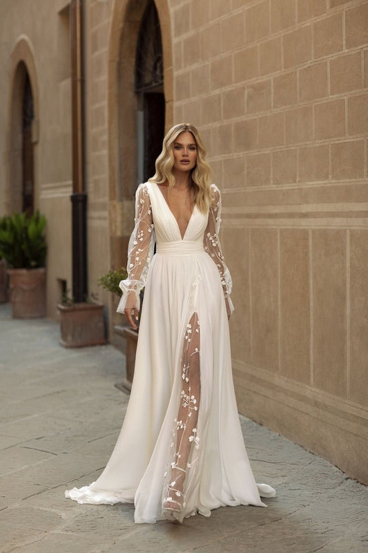 Floral Lace Chiffon Long Sleeve Plunging V Neckline Civil Ceremony, Vow Renewal, Bridal Gown