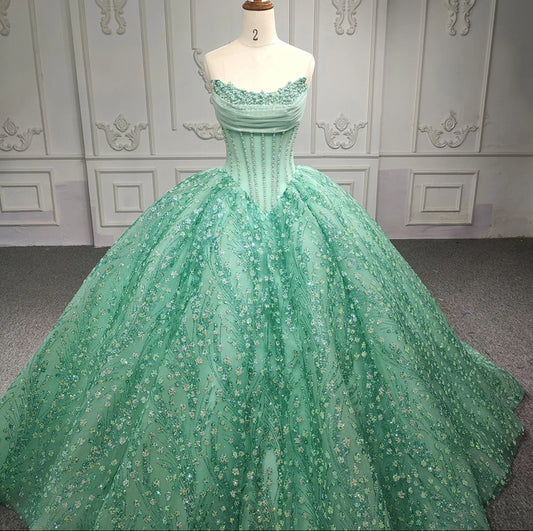 Beautiful Green Multi Beaded Layered Ruched Scoop Neck Floral Shimmering Sequinned Quinceañera, Special Occasion, Bat Mitzvah Ball Gown