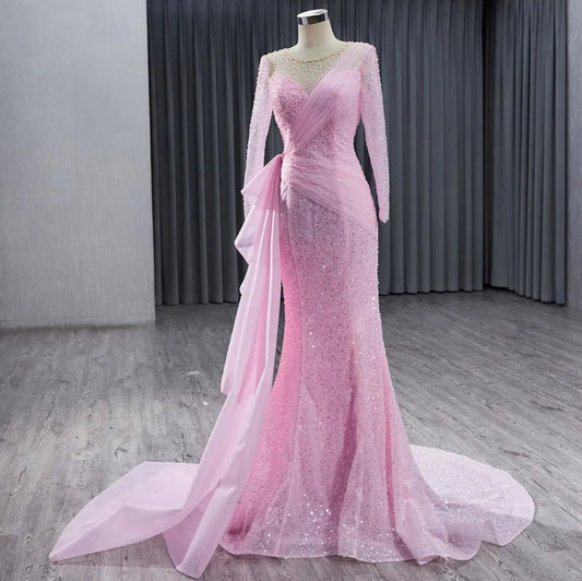 Special Occasion Pink Beaded Sequin Long Sleeve Illusion Sweetheart Evening, Gala, Mother Of The Bride Gown
