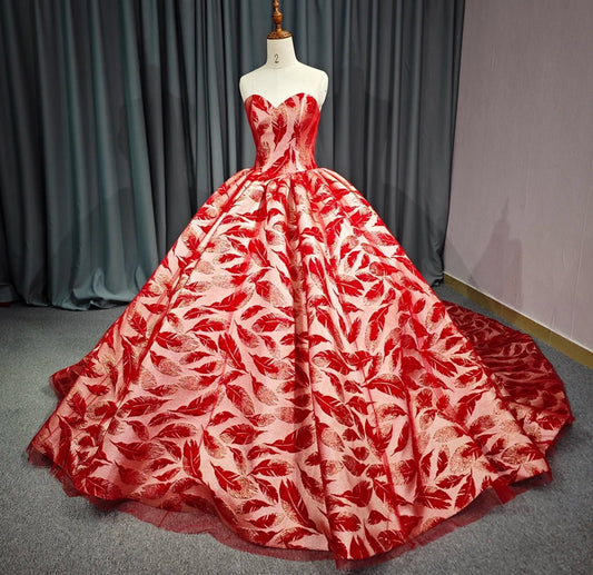 Shimmering Red Leaf Print Quinceañera, Special Occasion, Pageant, Gala, Event, Bat Mitzvah, Sweet Sixteen A-Line Gown