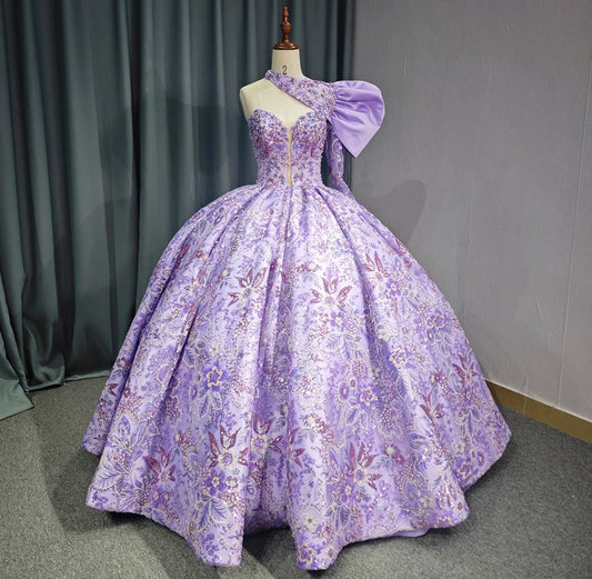 Multi Beaded Floral Sequin Sweetheart One Shoulder Purple Quinceañera, Special Occasion, Bat Mitzvah, Pageant, Sweet 16, Gala Ball Gown
