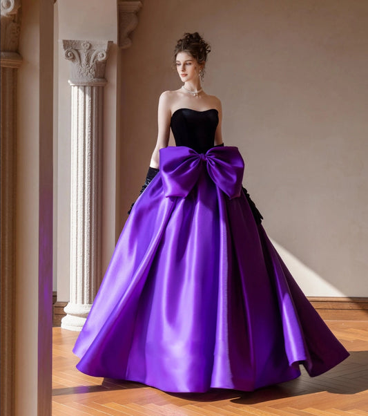 Velvet & Satin Strapless Sweetheart A-Line Special Occasion, Prom, Event, Gala Ball Gown With Oversized Front Bow Knot Detail