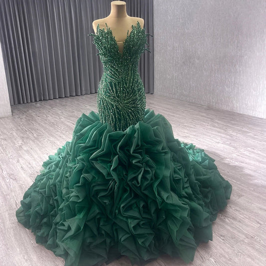 Stunning Multi Beaded Green Plunging Eccentric Neckline Fit To Flare Non Traditional Bridal, Special Occasion, Prom, Gala Event Gown