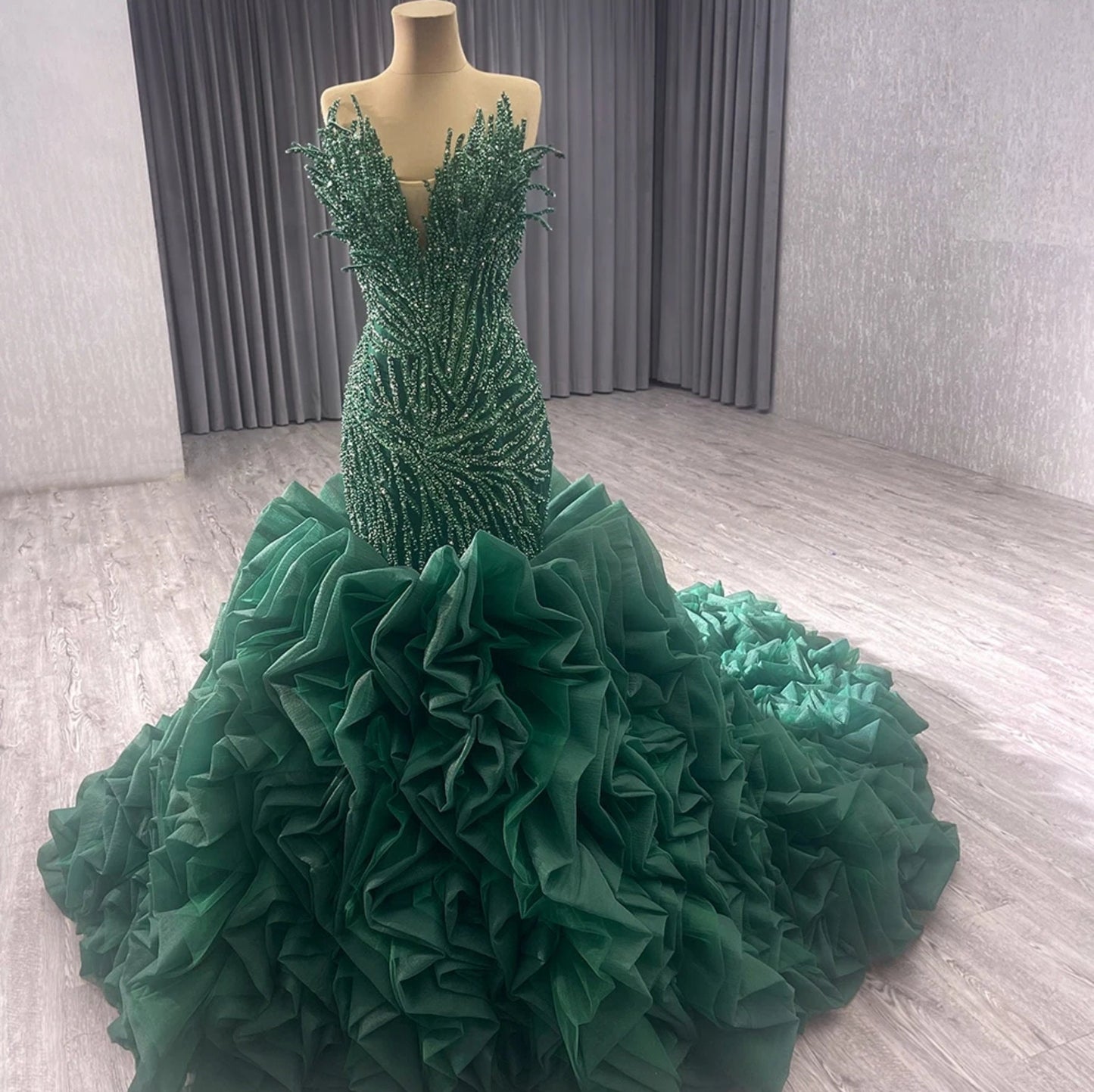 Stunning Multi Beaded Green Plunging Eccentric Neckline Fit To Flare Non Traditional Bridal, Special Occasion, Prom, Gala Event Gown