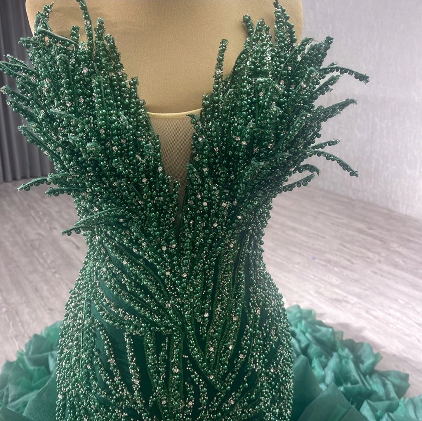 Stunning Multi Beaded Green Plunging Eccentric Neckline Fit To Flare Non Traditional Bridal, Special Occasion, Prom, Gala Event Gown