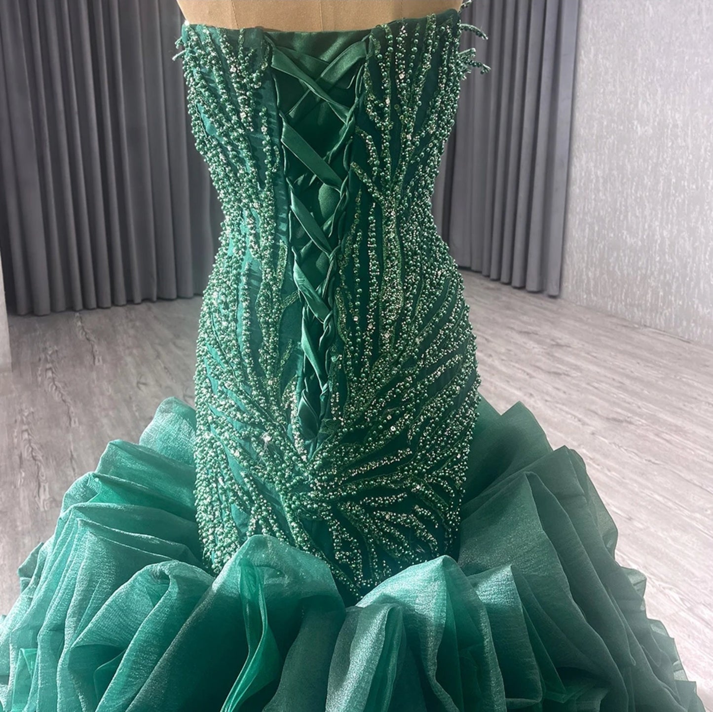 Stunning Multi Beaded Green Plunging Eccentric Neckline Fit To Flare Non Traditional Bridal, Special Occasion, Prom, Gala Event Gown