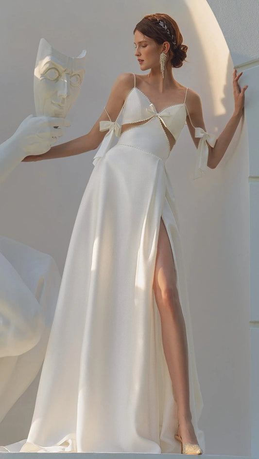 Simply Sweet Draped Pearl Beaded Off The Shoulder Spaghetti Strap V Neck Classy Bridal Gown With Split Hem And Bow Knot Details