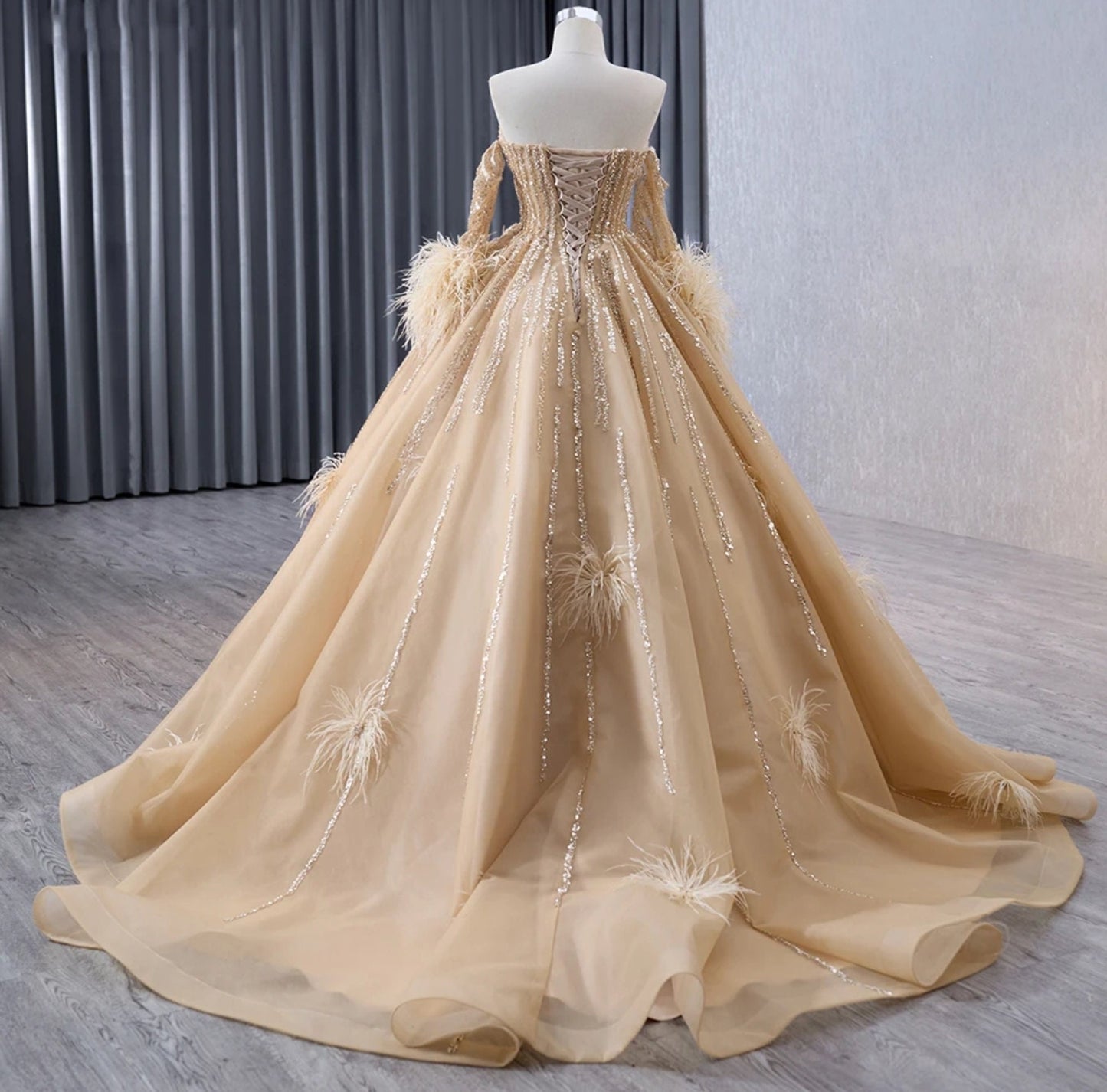 Strapless Sweetheart Sequin Beaded Scattered Feather Detail Special Occasion Gown With Detached Sleeves