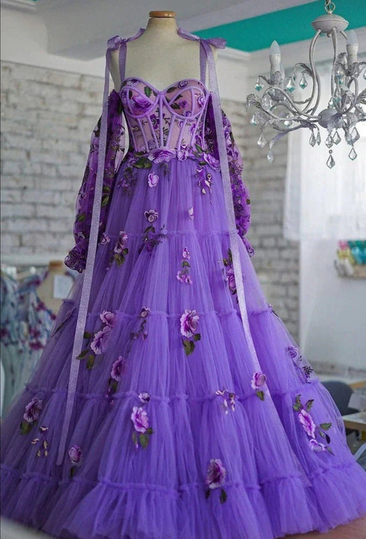 Purple Bow Knot Spaghetti Strap Sweetheart Floral Appliqué Pleated Corset Style Prom, Homecoming, Special Occasion Dress
