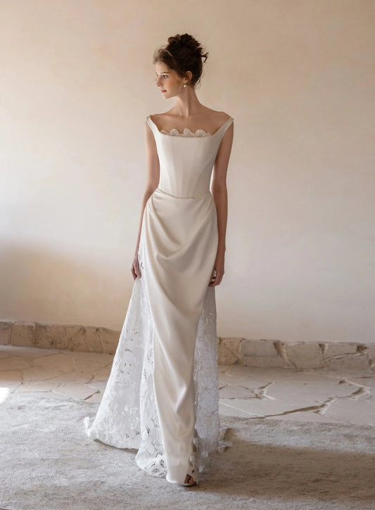 Boho Floral Lace Back Hem With Sequin Beaded Floral Neckline Inlay Sheath Style Bridal Gown