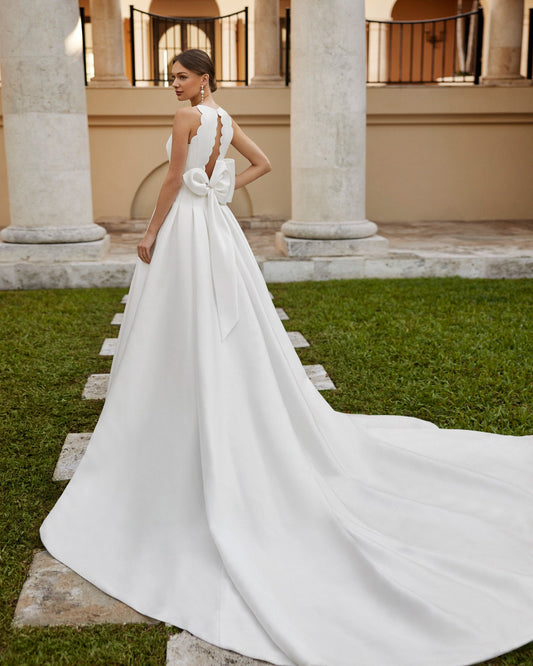 Scalloped Edge Halter Pleated A-Line Bridal Gown With Open Scallop Enclosure And Bow Knot Detail