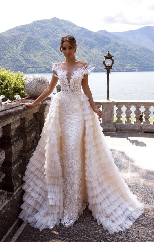 Plunging Sweetheart Feather Trim Detail Floral Sheath Gown With Detachable Layered Frill Train