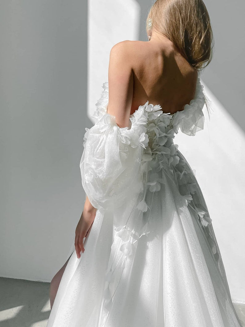 Shimmering Off The Shoulder Plunging Illusion V Neck Floral Embroidered Appliqués Bridal Gown