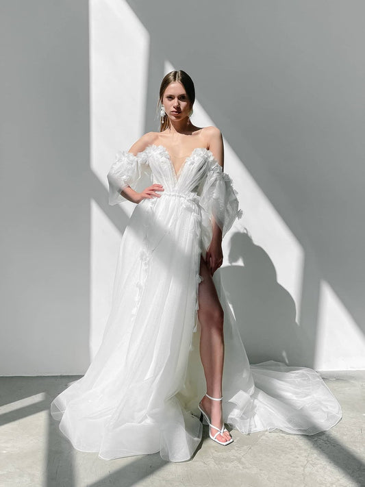 Shimmering Off The Shoulder Plunging Illusion V Neck Floral Embroidered Appliqués Bridal Gown
