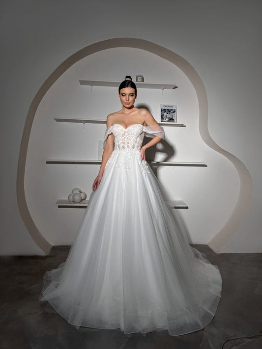 Off The Shoulder Shimmering Floral Enchanted Sweetheart A-Line Bridal Gown