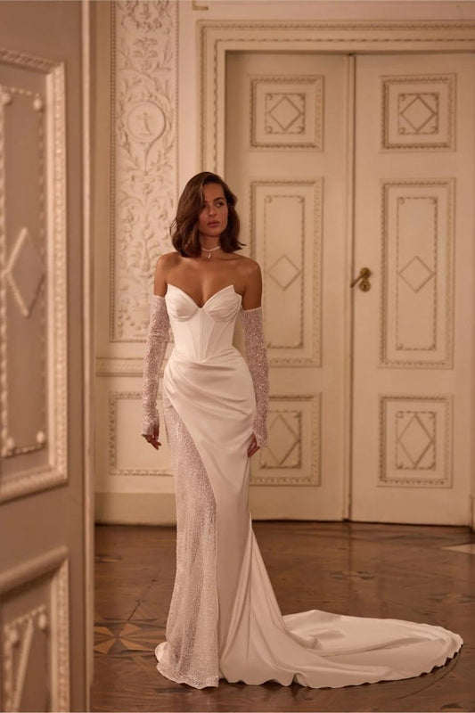 Sexy And Romantic Satin Cateye Sweetheart Strapless Pleated Corset Gown With Shimmering Underlay Bridal Gown With Matching Detached 3/4 Sleeves