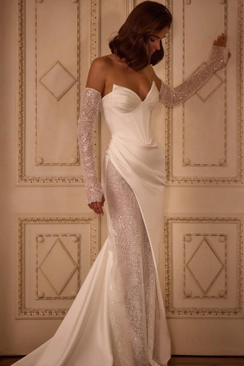 Sexy And Romantic Satin Cateye Sweetheart Strapless Pleated Corset Gown With Shimmering Underlay Bridal Gown With Matching Detached 3/4 Sleeves