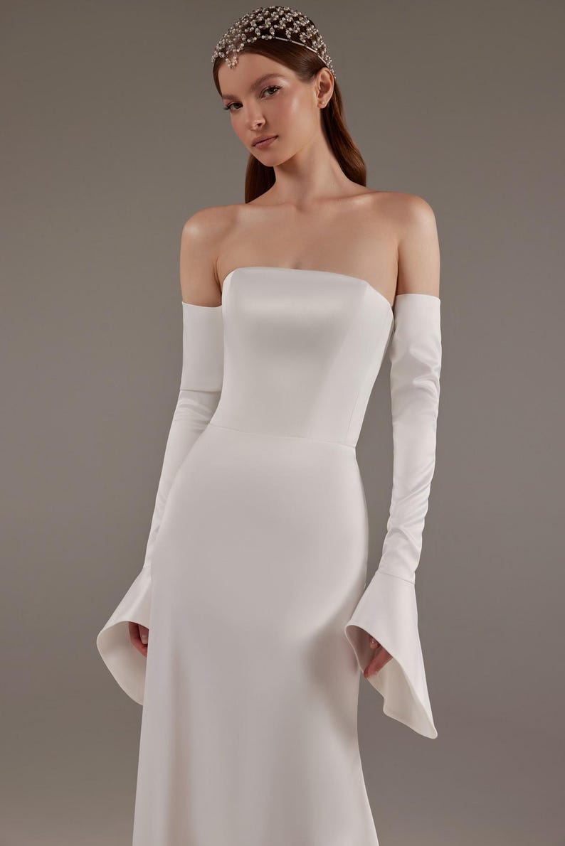 Mikado Strapless Boat Neck Simple Trumpet Bridal And Ceremonial Gown With Finger Loop And Detached Sleeves