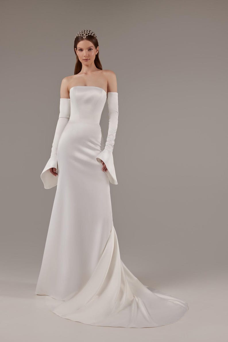 Mikado Strapless Boat Neck Simple Trumpet Bridal And Ceremonial Gown With Finger Loop And Detached Sleeves