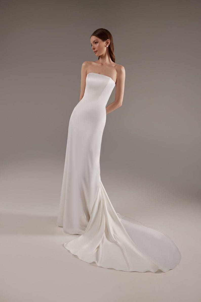 Mikado Strapless Boat Neck Simple Trumpet Bridal And Ceremonial Gown With Finger Loop And Detached Sleeves