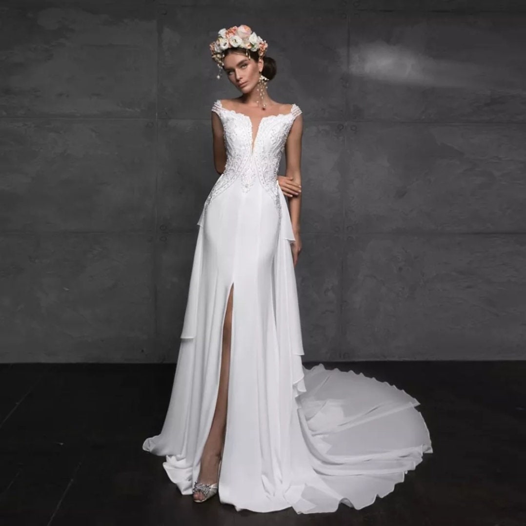 Satin Crystal Beading & Appliqués Gown With Detachable Layered Court Train