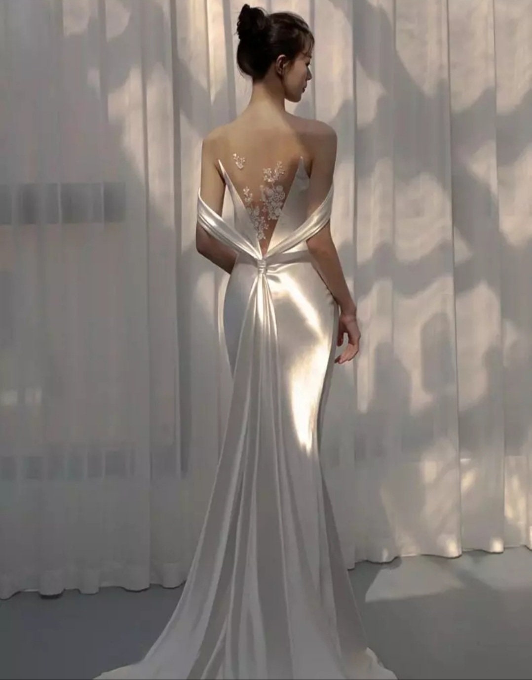 Appliqué Satin Backless V Illusion Trumpet Gown