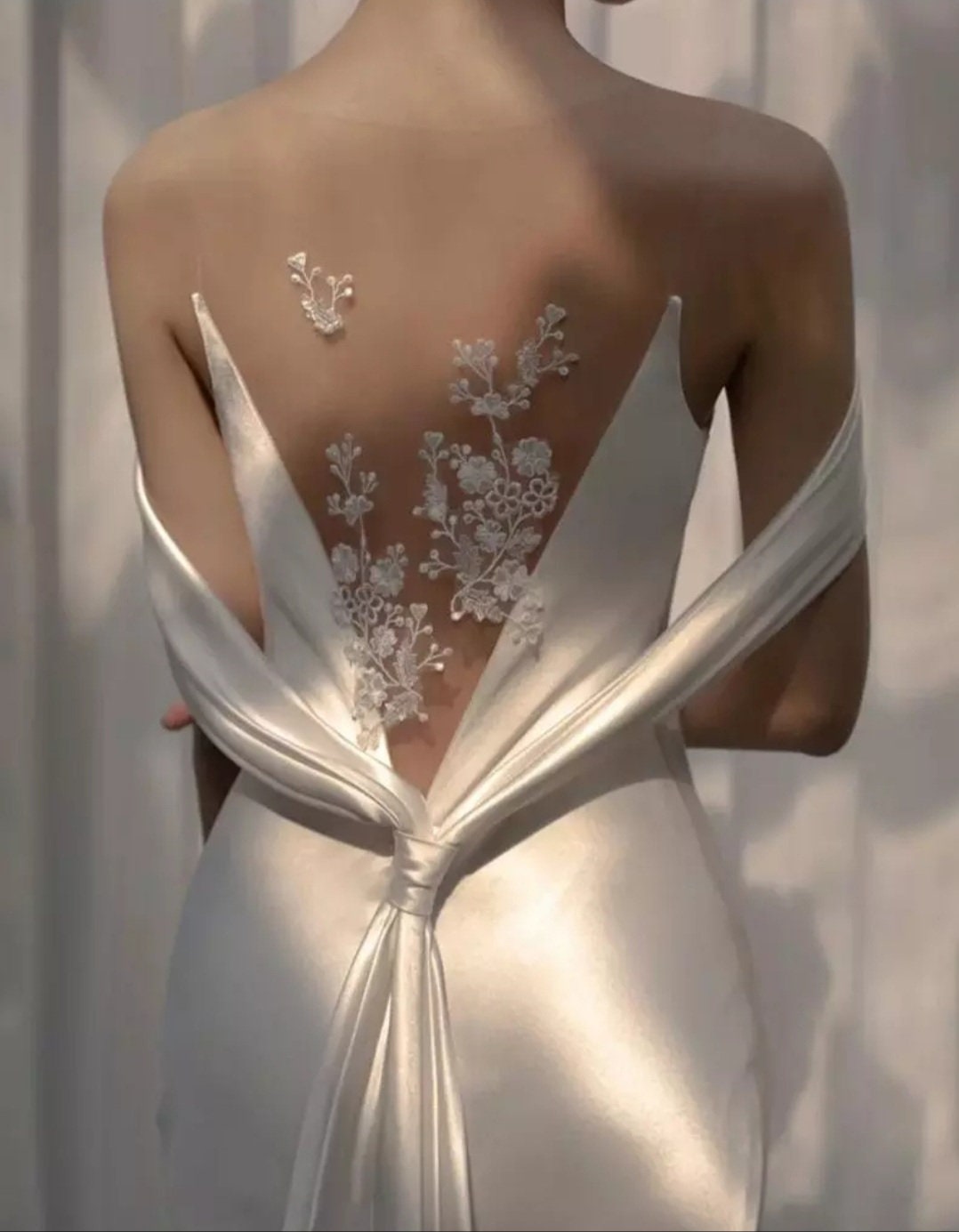 Appliqué Satin Backless V Illusion Trumpet Gown