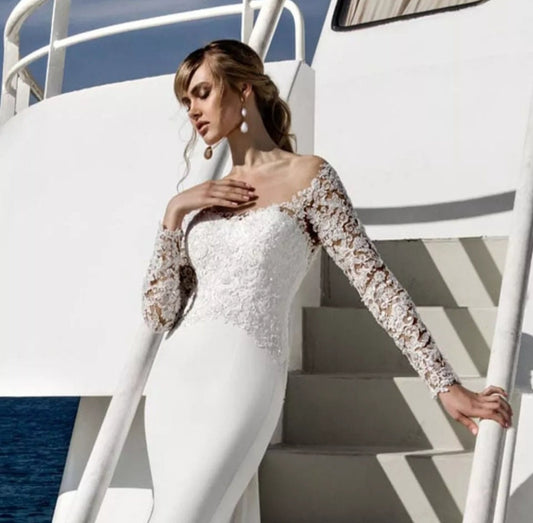 Full Sleeve Beaded Appliqué Satin Illusion Back Trumpet Gown With Court Train