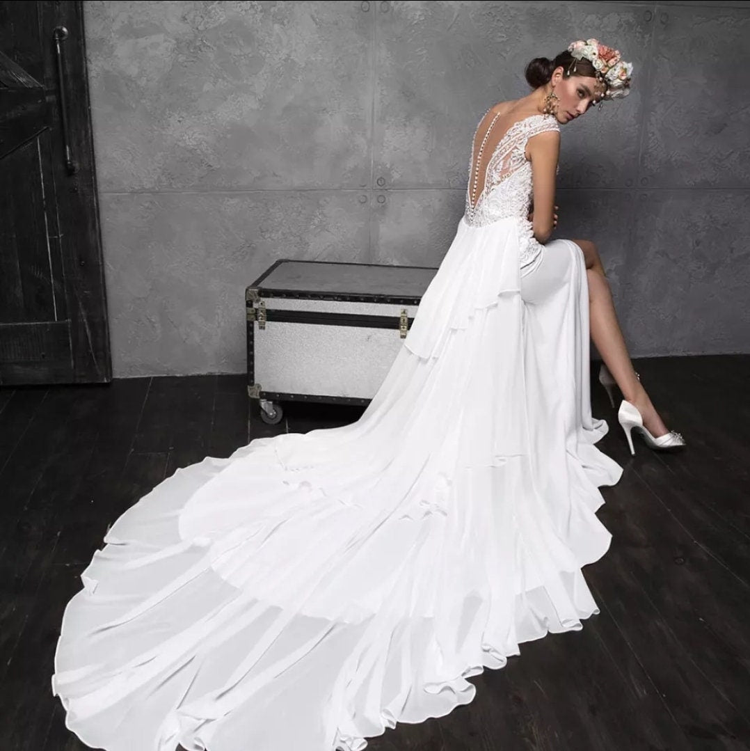 Satin Crystal Beading & Appliqués Gown With Detachable Layered Court Train