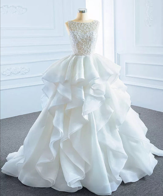 Sleeveless Delicate Full Lace Bodice Lace Up Back Tiered Wedding Ball Gown