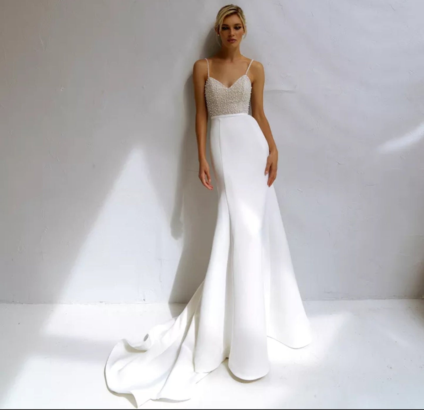 Pearl Beaded Spaghetti Strap Satin Sheath Trumpet Style Gown