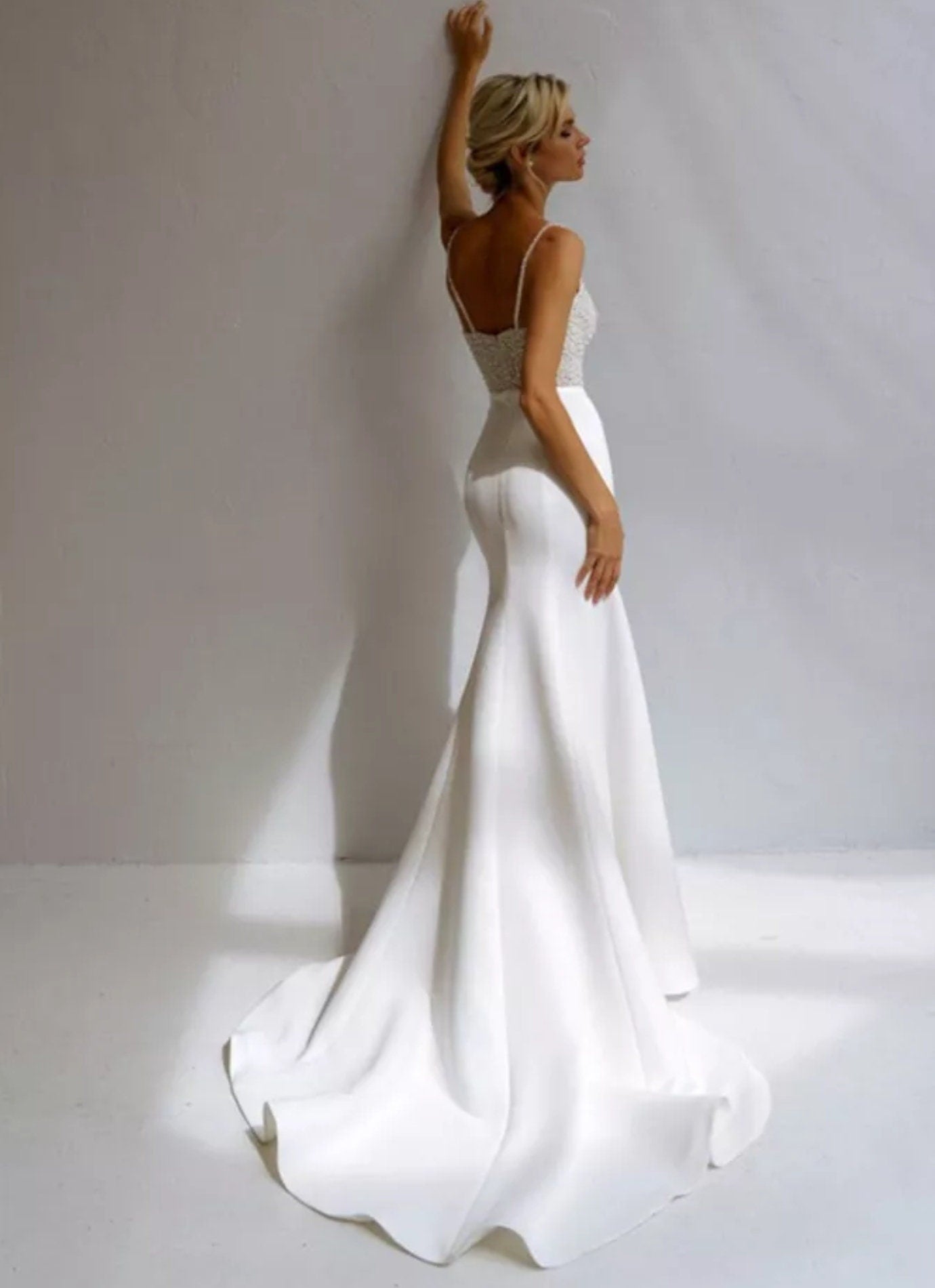 Pearl Beaded Spaghetti Strap Satin Sheath Trumpet Style Gown