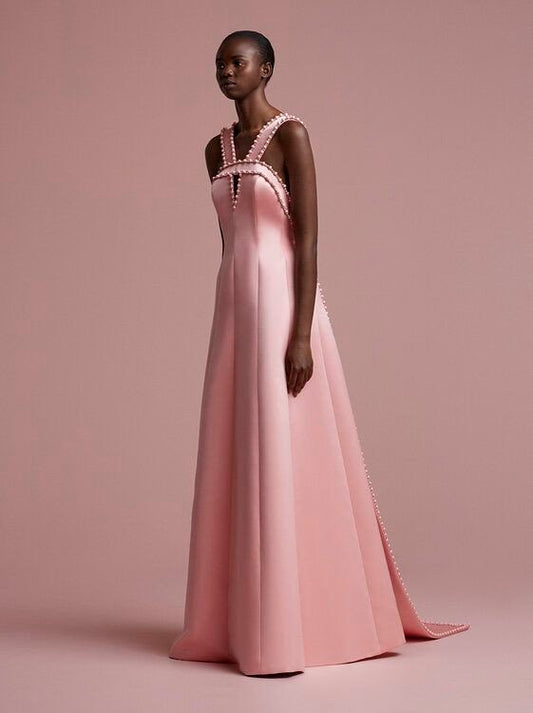Special Occassion Criss Cross Halter Neck Satin Beaded Dress