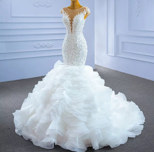 Exquisite Sequin &  Pearl Beaded Ruffle Layered Mermaid/Trumpet Gown