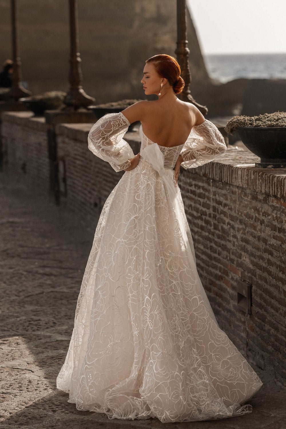 Floral Lace Sweetheart Embellished A-Line Gown With Detached Sleeves