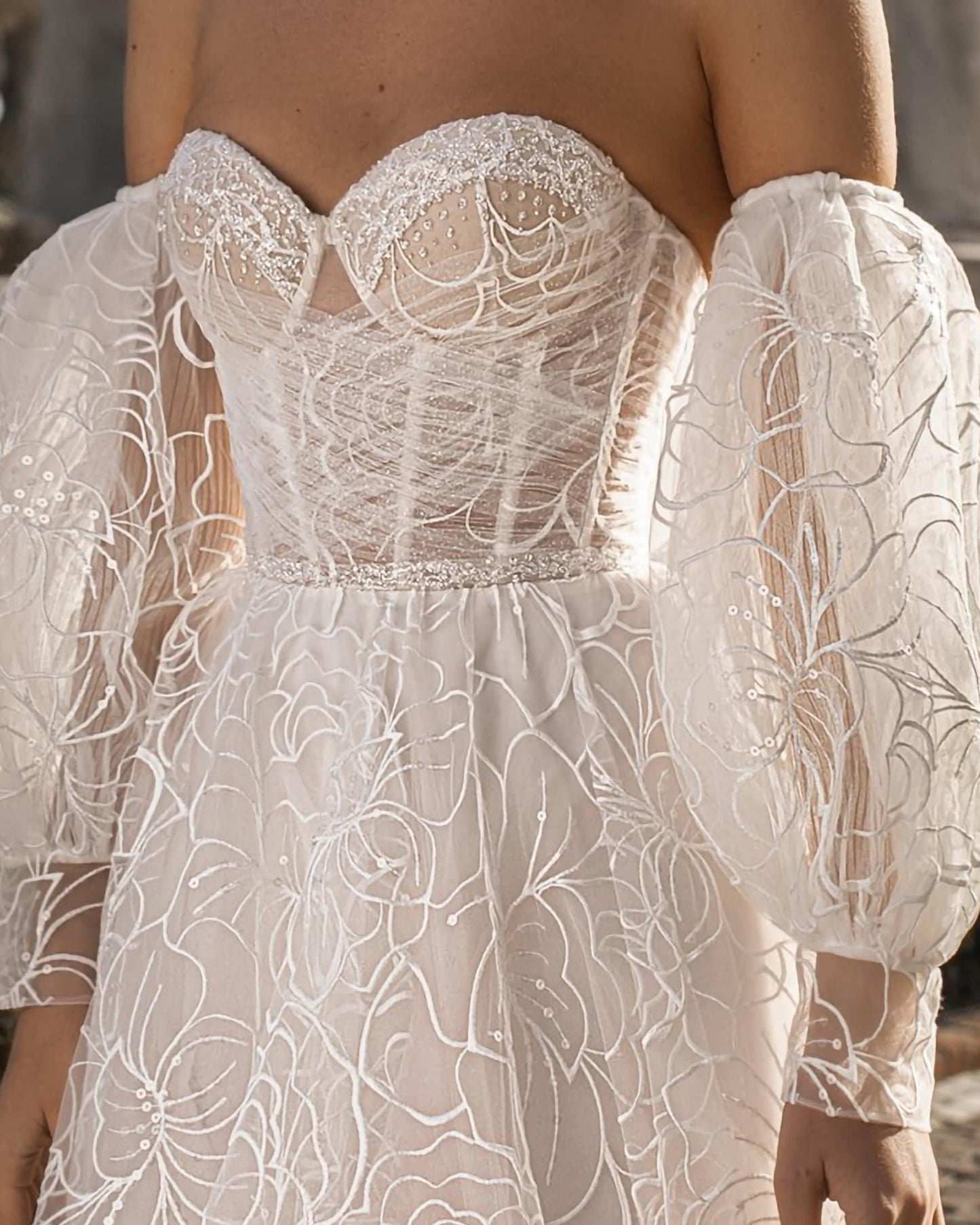 Floral Lace Sweetheart Embellished A-Line Gown With Detached Sleeves