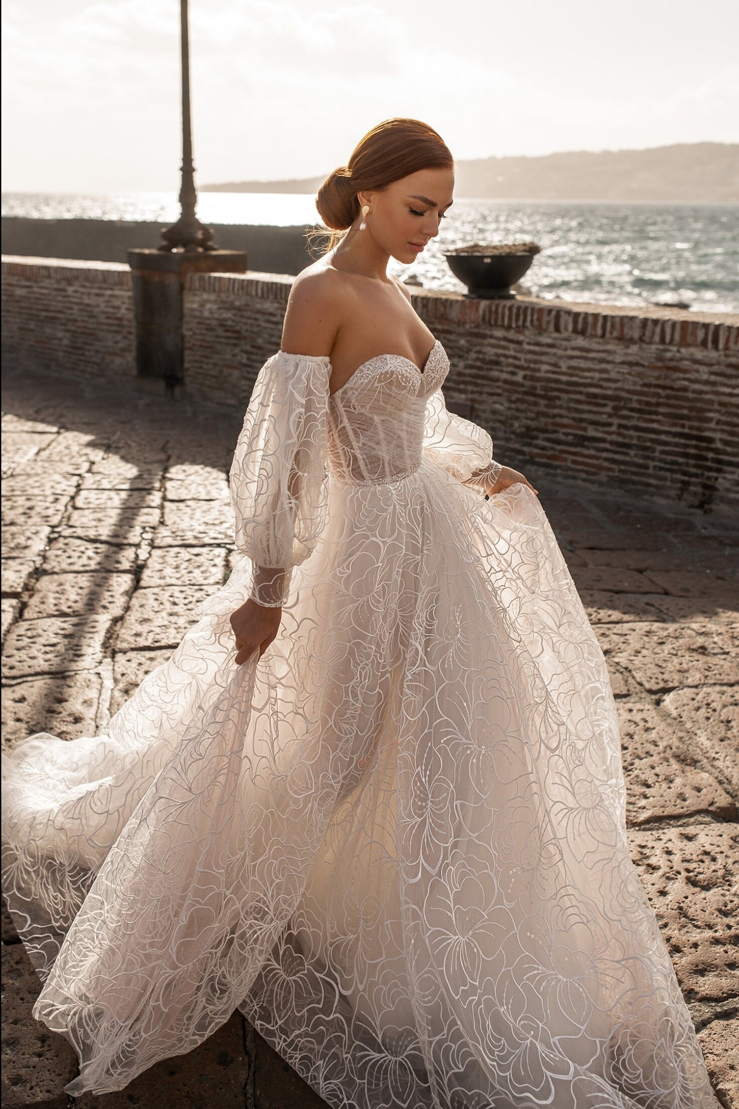 Floral Lace Sweetheart Embellished A-Line Gown With Detached Sleeves