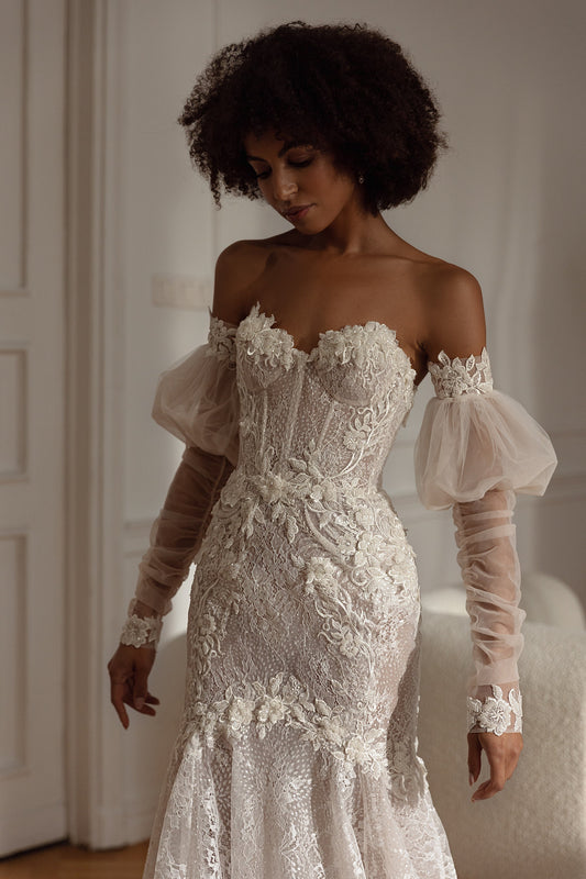 Detached Floral Sequined Embroidered Appliqué Bicep & Wrist Tulle Sleeves