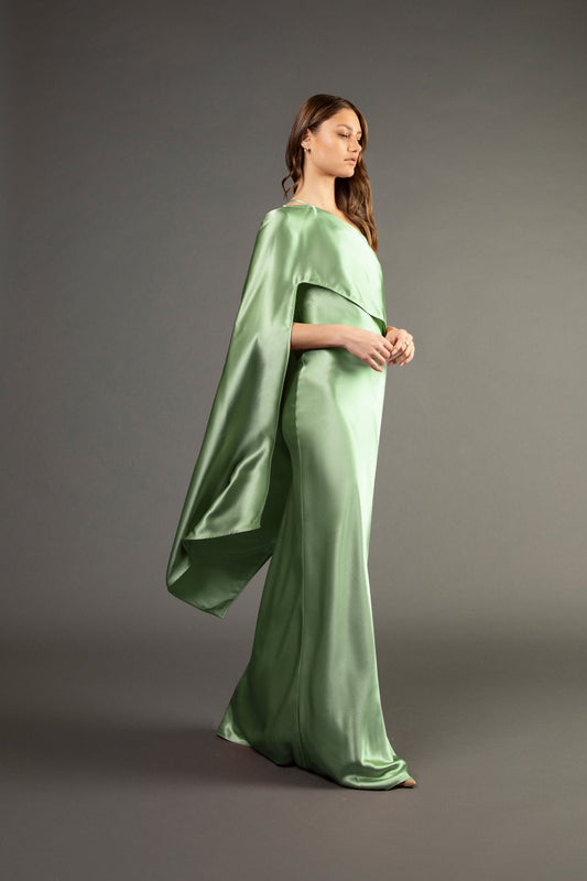 Satin Overlapped One Shoulder Floor Length Gown With Side Hem Split
