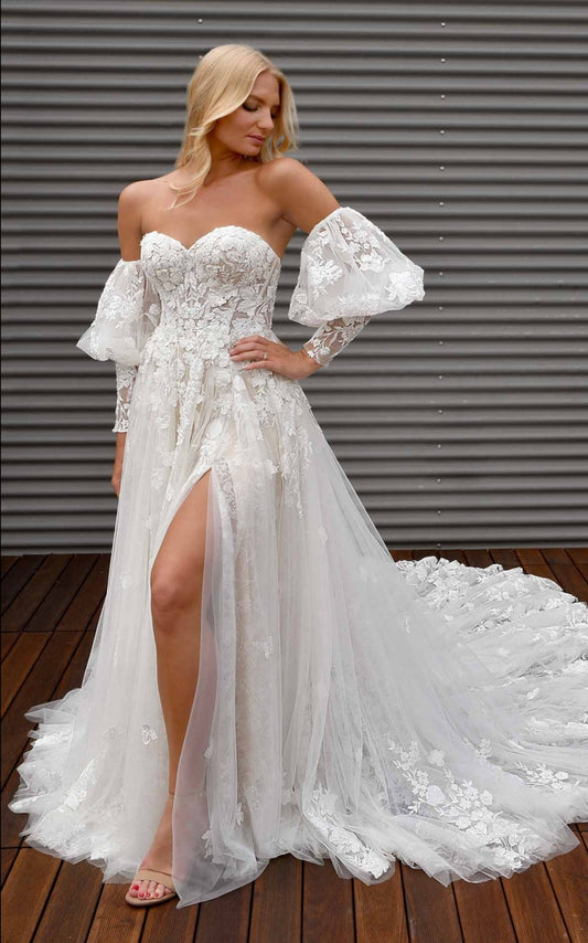 Detached Tulle Floral Balloon Bicep To Fitted Sleeves