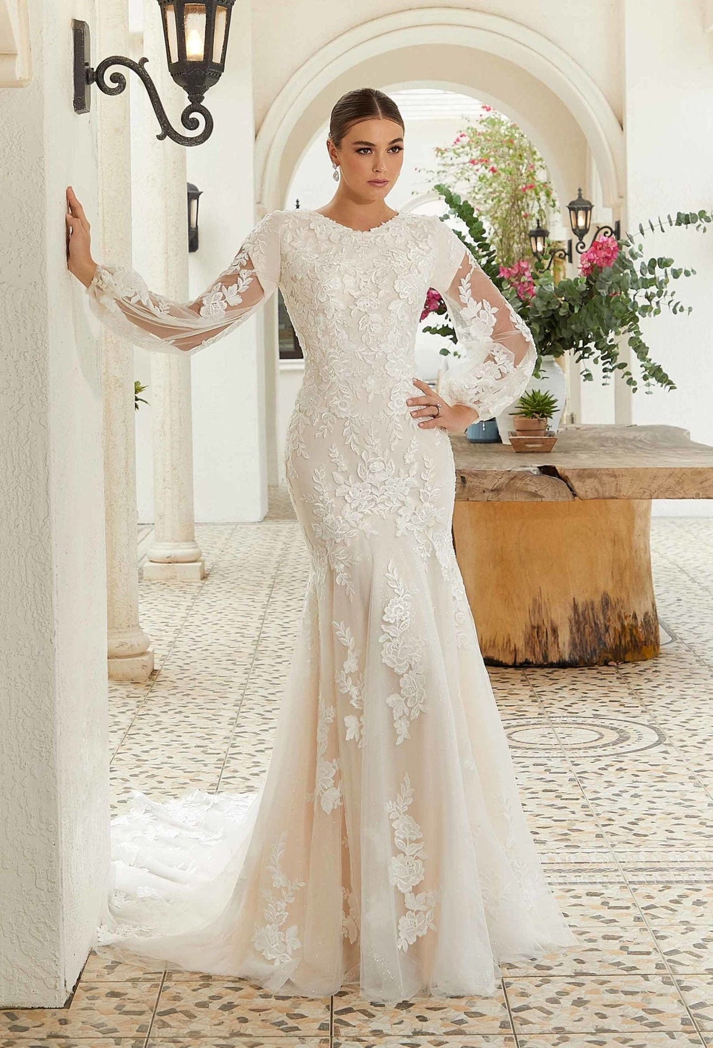 Lovely Floral Lace With Cap Sleeve And Floral Sheer Long Sleeve Lace Over Trumpet Gown