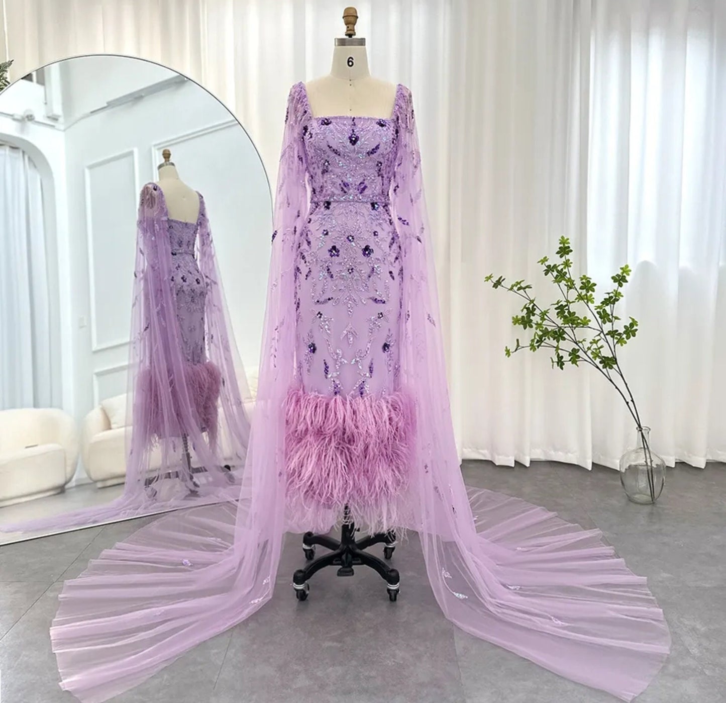 Special Occasion Beautiful Floral Beaded Sequin Sheath Mother Of The Bride Party Gown With Feather Hem And Sheer Floor Length Column Sleeves