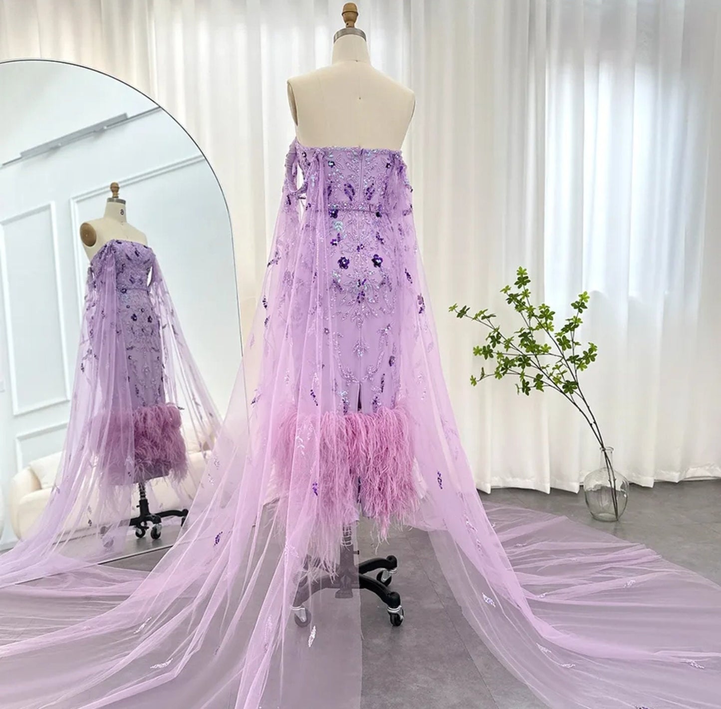 Special Occasion Beautiful Floral Beaded Sequin Sheath Mother Of The Bride Party Gown With Feather Hem And Sheer Floor Length Column Sleeves