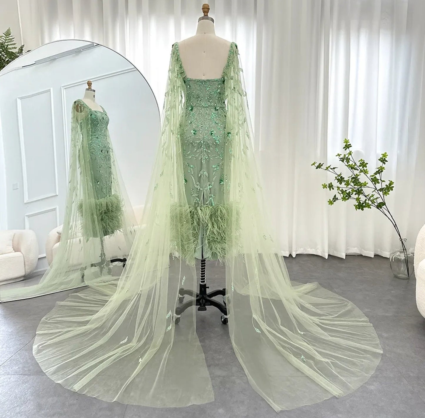 Special Occasion Beautiful Floral Beaded Sequin Sheath Mother Of The Bride Party Gown With Feather Hem And Sheer Floor Length Column Sleeves