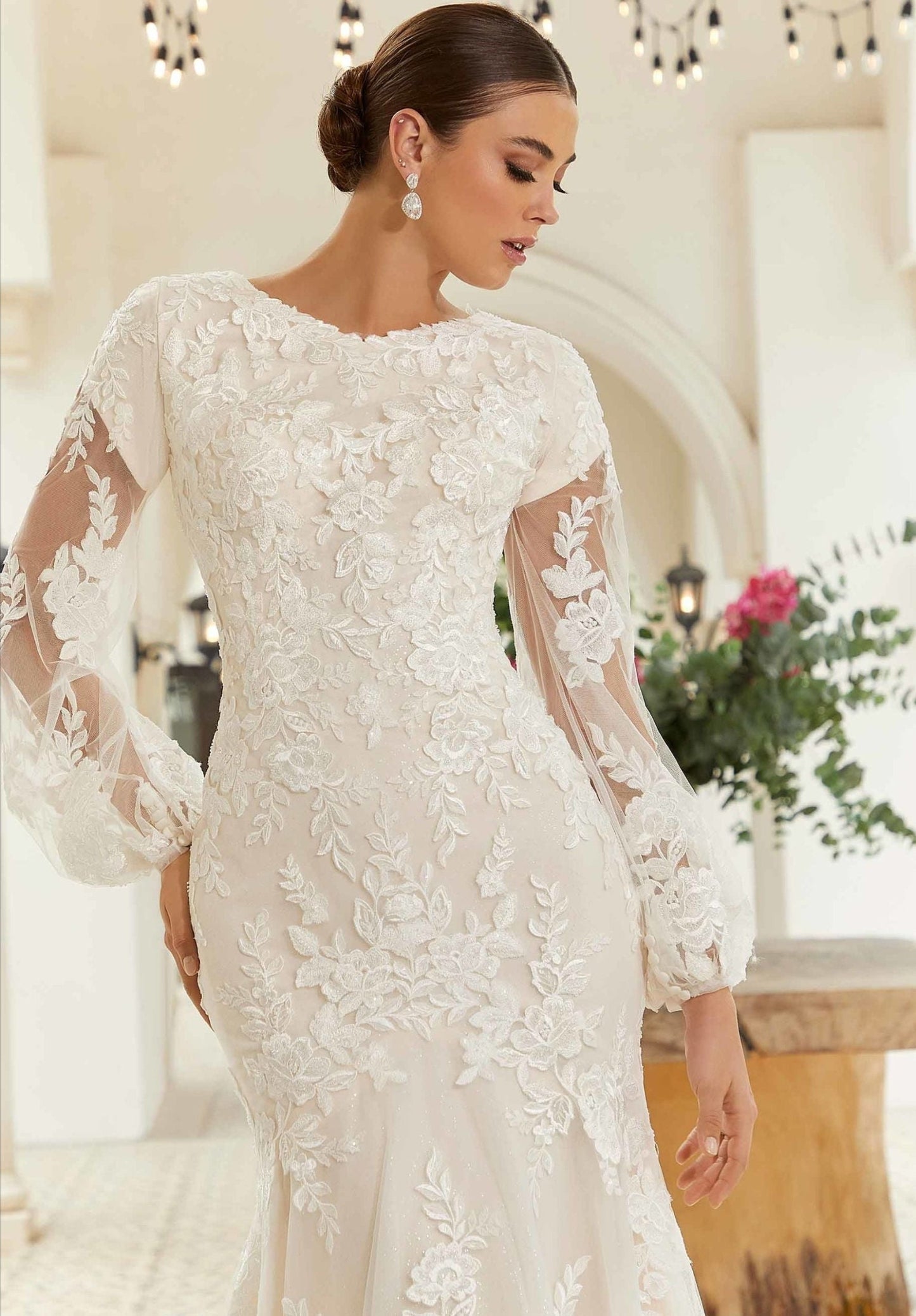 Lovely Floral Lace With Cap Sleeve And Floral Sheer Long Sleeve Lace Over Trumpet Gown