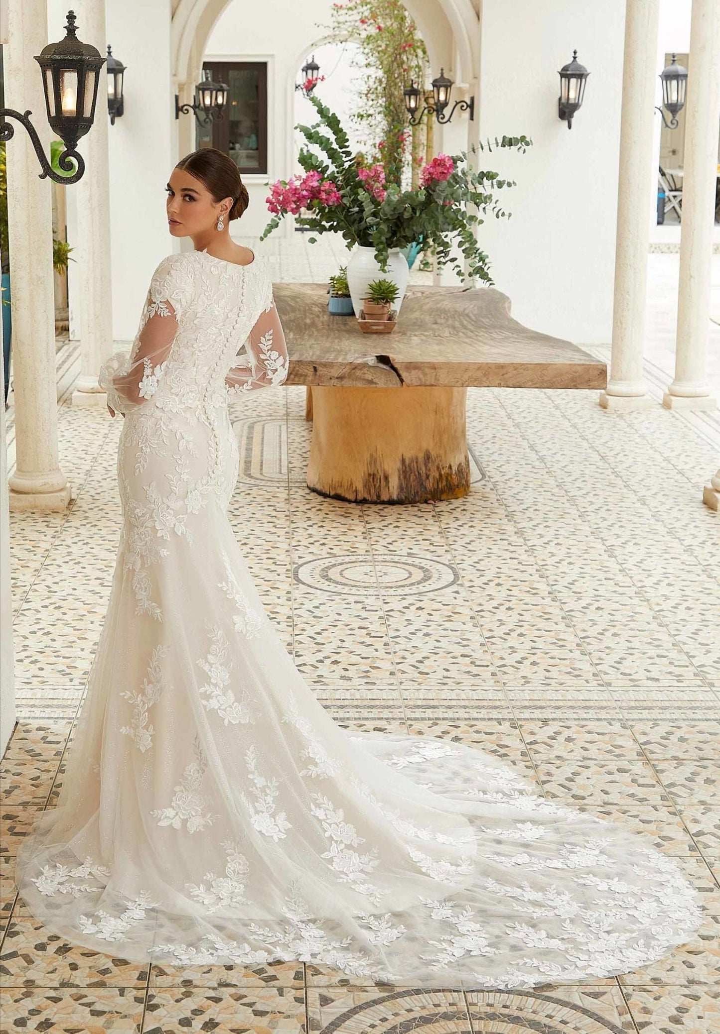 Lovely Floral Lace With Cap Sleeve And Floral Sheer Long Sleeve Lace Over Trumpet Gown