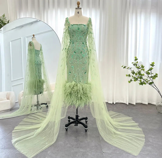 Special Occasion Beautiful Floral Beaded Sequin Sheath Mother Of The Bride Party Gown With Feather Hem And Sheer Floor Length Column Sleeves